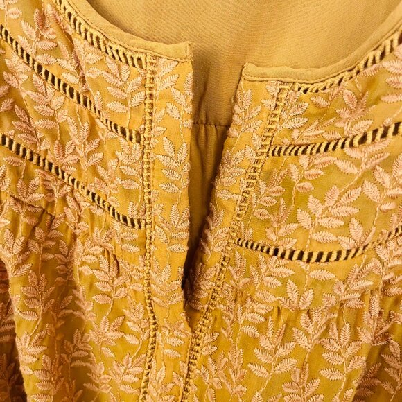 Anthropologie Daniel Rainn Mustard Yellow Embroidered Belted 3/4 Sleeve Dress - Picture 6 of 16